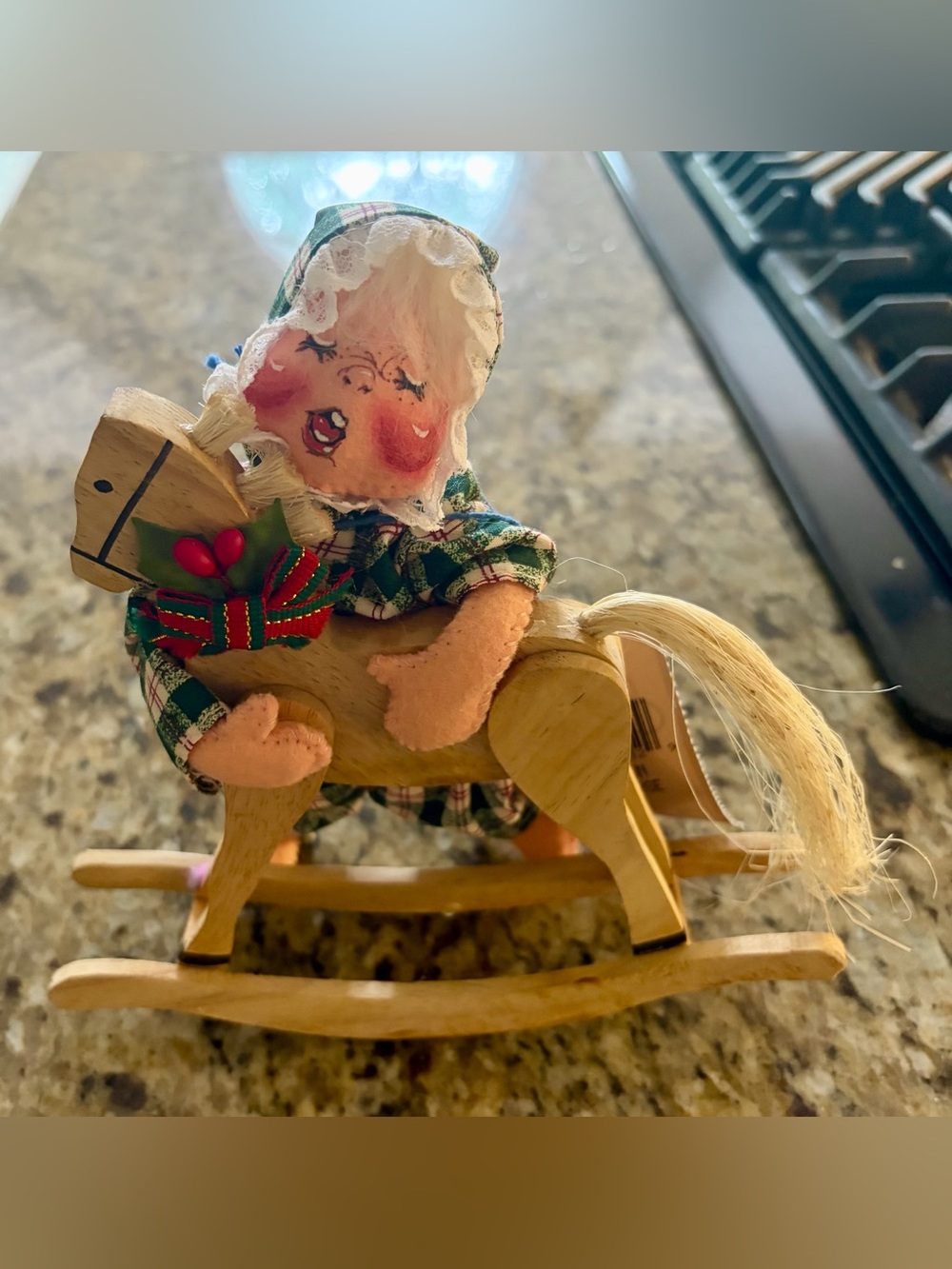 Annalee Green Plaid Doll on Wooden Rocking Horse with Red Holly
